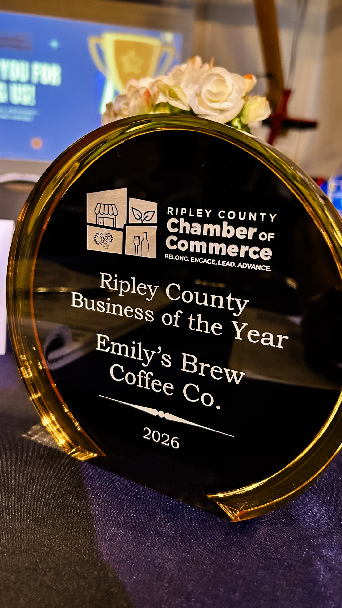 Ripley County Chamber of Commerce Business of the Year 2026 plaque for Emily’s Brew Coffee Co.
