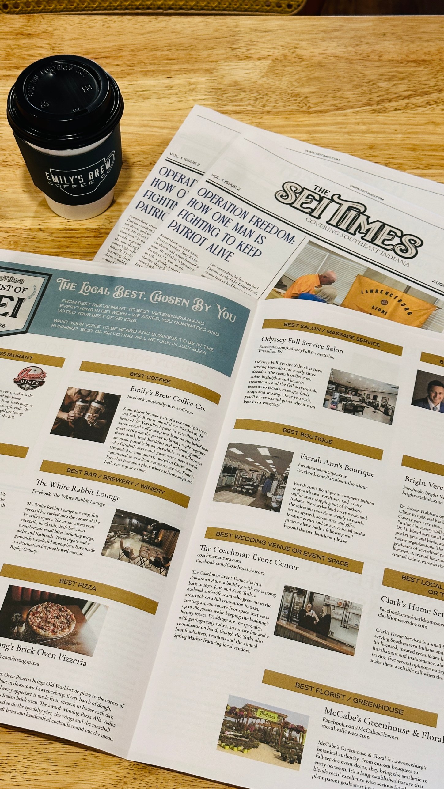 The SEI Times Best of SEI 2026 page naming Emily’s Brew Coffee Co. Best Coffee